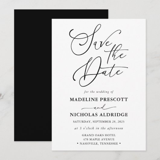 Elegante zwarte en witte script Save the Date Kaart (Voorkant / Achterkant)