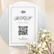 Elegante zwarte en witte tak en QR-code trouwkaart