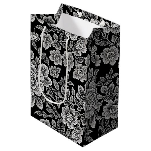 Elegante zwarte en witte toile bloemendamask medium cadeauzakje (Voorkant Gekanteld)