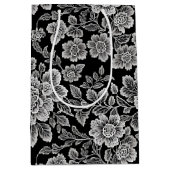 Elegante zwarte en witte toile bloemendamask medium cadeauzakje (Voorkant)