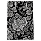 Elegante zwarte en witte toile bloemendamask medium cadeauzakje (Achterkant)
