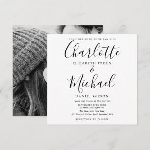 Elegante zwarte en witte trouwfoto in script lette kaart