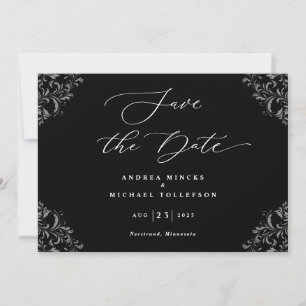 Elegante zwarte en witte trouwkaart Save The Date