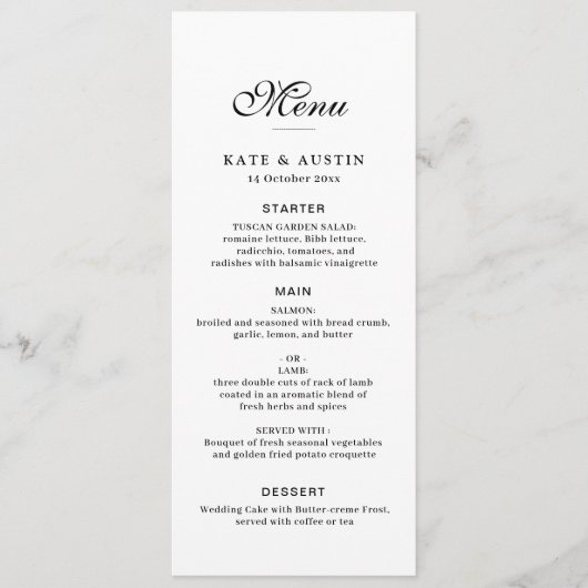 elegante zwarte en witte trouwmenukaart menu (Voorkant)