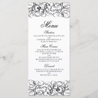 Elegante zwarte en witte wervelingen huwelijksmenu menu
