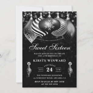 Elegante Zwarte en Witte Winter Ballen Sweet 16 Kaart