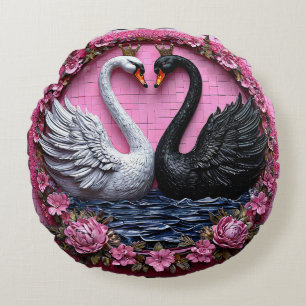Elegante Zwarte en Witte Zwanen met Kroon Rond Kussen