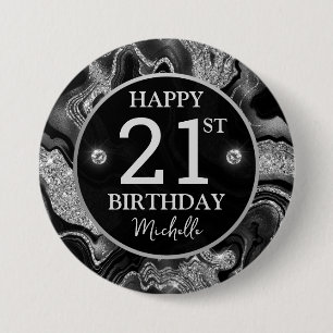Elegante zwarte en zilveren glinsterende agaat ver ronde button 7,6 cm