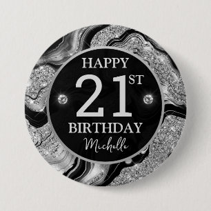 Elegante zwarte en zilveren glinsterende agaat ver ronde button 7,6 cm