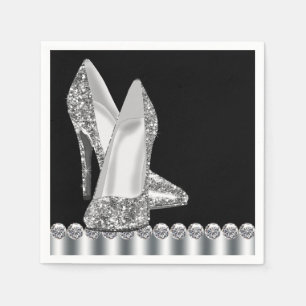 Elegante Zwarte en Zilveren Glitter Hoge Hak Schoe Servetten