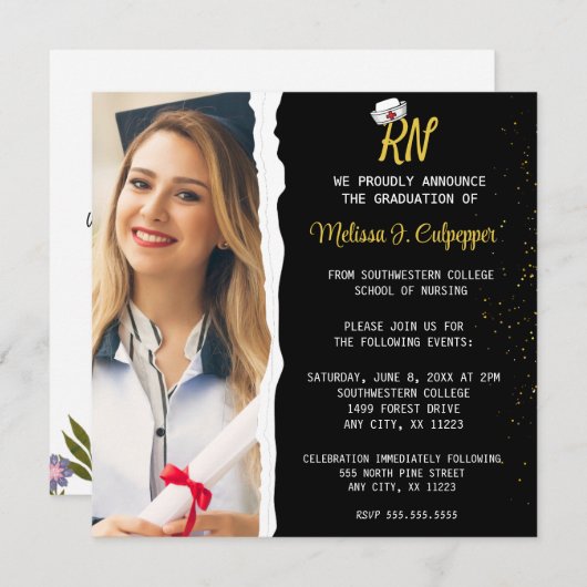 Elegante Zwarte Foto Verpleegkunde Afstuderen Kaart (Voorkant / Achterkant)