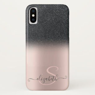 Elegante zwarte glitter ombre roosgouden monogram iPhone x hoesje