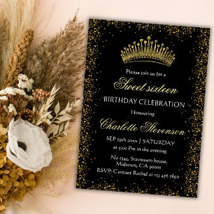 Elegante Zwarte Glitters Glazen Kroon Sweet 16 Ver Kaart