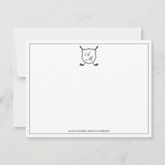 Elegante Zwarte Golf Monogram Crest Platte Notitie Notitiekaartje