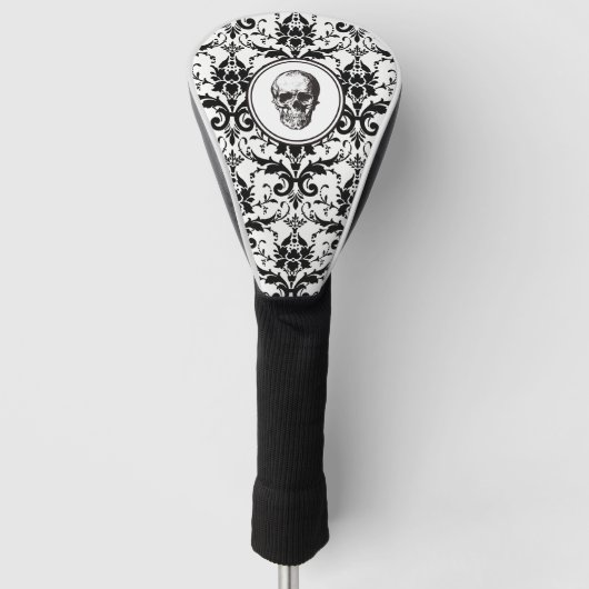 Elegante zwarte gotische Damask Patroon Schedel Golfheadcover (Voorkant)