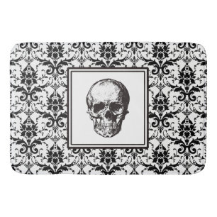 Elegante Zwarte Gotische Damast Patroon Schedel Badmat