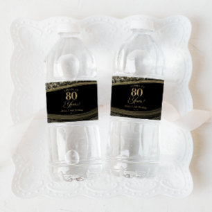 Elegante zwarte goud agaat 80ste verjaardagsfeest waterfles etiket