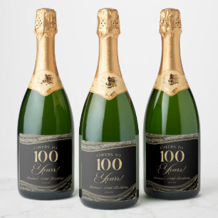 Elegante Zwarte Goud Agate 100ste Verjaardagsfeest Sparkling Wijnetiket
