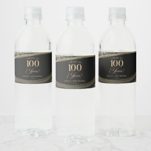 Elegante Zwarte Goud Agate 100ste Verjaardagsfeest Waterfles Etiket