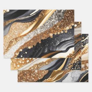 Elegante Zwarte Goud Marmer Glitter Abstracte Kuns Inpakpapier Vel