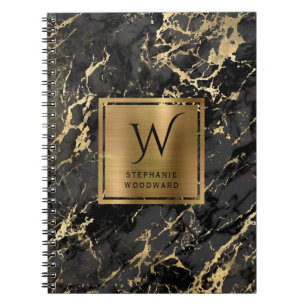 Elegante Zwarte Goud Marmer Monogram Notitieboek