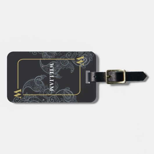 Elegante zwarte goud paisley monogram bagagelabel (Voorkant horizontaal)