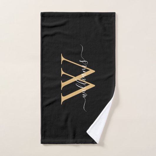 Elegante Zwarte Gouden Aangepaste Monogram Script Handdoek (Handdoek)