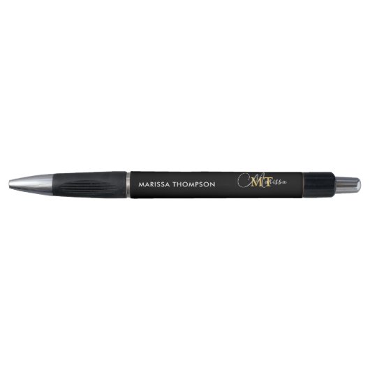Elegante Zwarte Gouden Aangepaste Monogram Script Pen (Voorkant)