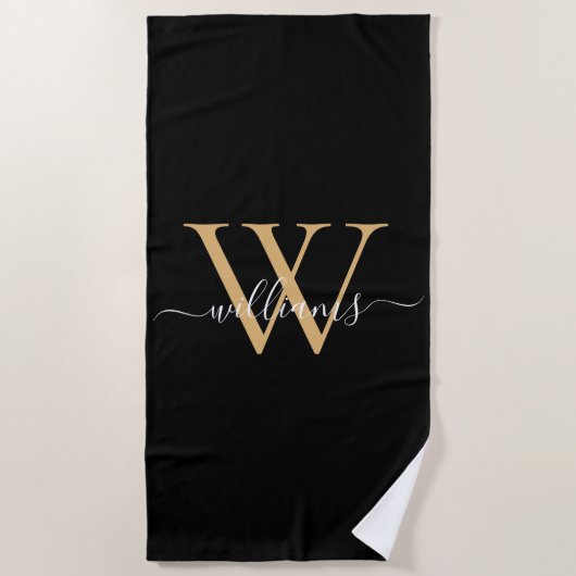 Elegante Zwarte Gouden Aangepaste Monogram Script Strandlaken (Voorkant)