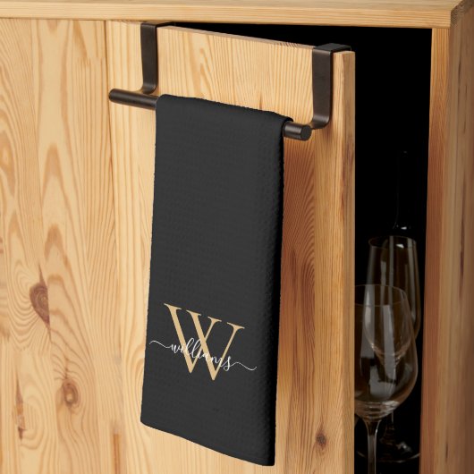 Elegante Zwarte Gouden Aangepaste Monogram Script Theedoek (Derde Gevouwen)