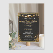 Elegante zwarte gouden afstudeer diner menu kaart