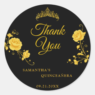 Elegante Zwarte Gouden Bloem Quinceañera Bedankt Ronde Sticker