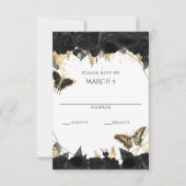 Elegante Zwarte Gouden Bloem Vlinders Quinceanera RSVP Kaartje (Voorkant)