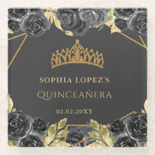 Elegante zwarte gouden bloemenkroon Quinceanera Glazen Onderzetter