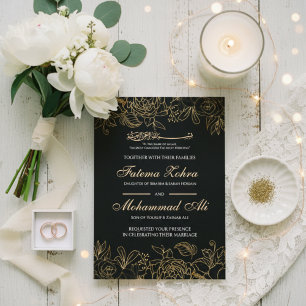 Elegante Zwarte Gouden Bloemige Moslim Trouw Nikah Kaart