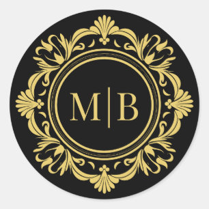 Elegante Zwarte Gouden Bloemige Trouw Monogram Ronde Sticker