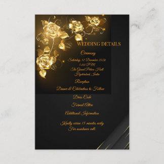 Elegante zwarte & gouden bloemige trouwdetails kaa informatiekaartje