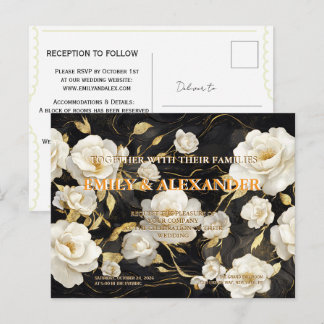 Elegante Zwarte Gouden Bloemige Witte Rozen Trouw Uitnodiging Briefkaart
