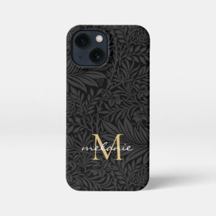 Elegante Zwarte Gouden Bloemrijke Script Monogram iPhone 13 Mini Hoesje