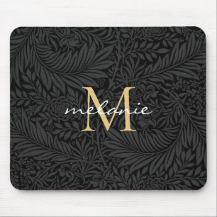Elegante zwarte gouden bloemrijke script monogram muismat