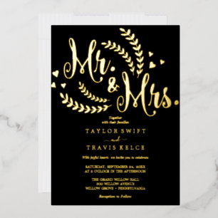 Elegante zwarte & gouden folie Mr. & Mrs. trouw Uitnodiging