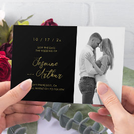 Elegante zwarte & gouden foto "save the date" kaart