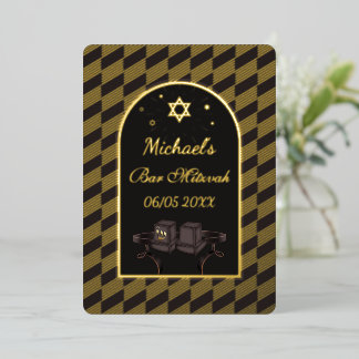 Elegante Zwarte Gouden Geometrische Bar Mitswa Tef Folie Uitnodiging