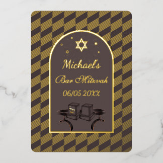 Elegante Zwarte Gouden Geometrische Bar Mitswa Tef Folie Uitnodiging
