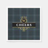 Elegante zwarte gouden geruite monogram initiaal servet (Voorkant)