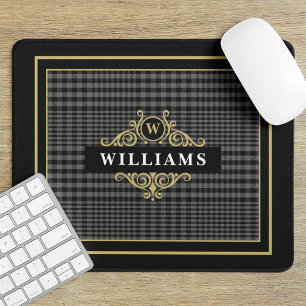Elegante zwarte gouden Glen Plaid-monogram Muismat