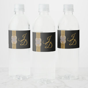 Elegante Zwarte Gouden Glitter Broche Bruiloft Waterfles Etiket
