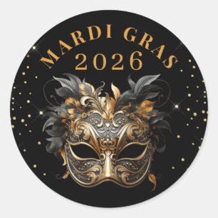 Elegante Zwarte Gouden Glitter Mardi Gras 2026 Ronde Sticker