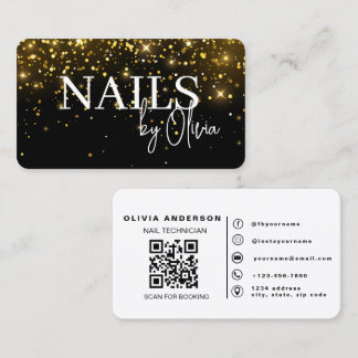 Elegante Zwarte Gouden Glitter Nageltechnicus QR C Visitekaartje
