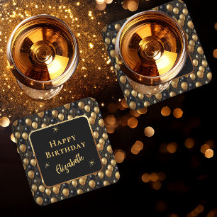 Elegante zwarte gouden glitter verjaardagsballonne vierkante kartonnen onderzetter